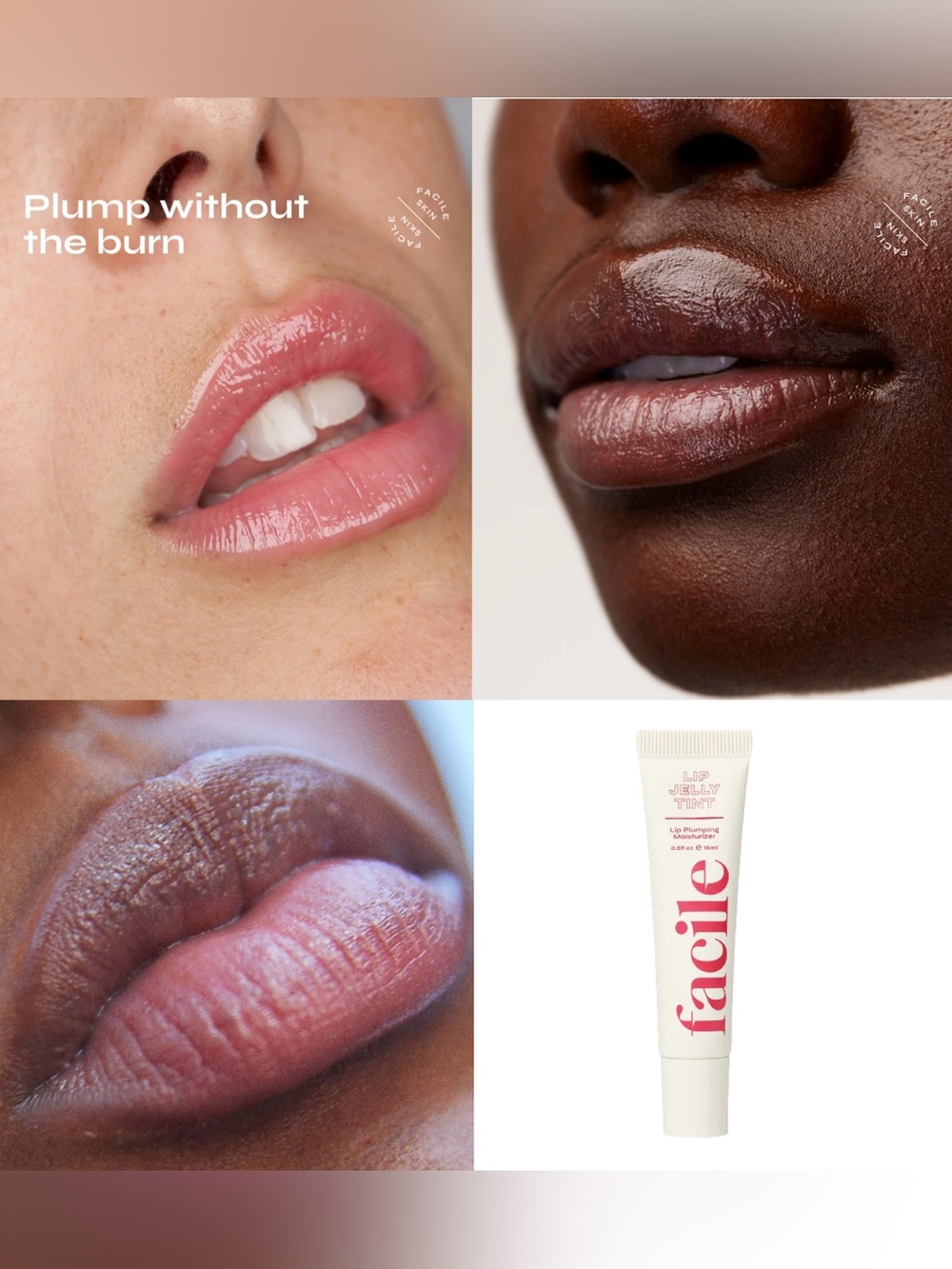 Facile Rose Lip Jelly Tint- lip plumping moisturizer, no burn, peptides, sheer